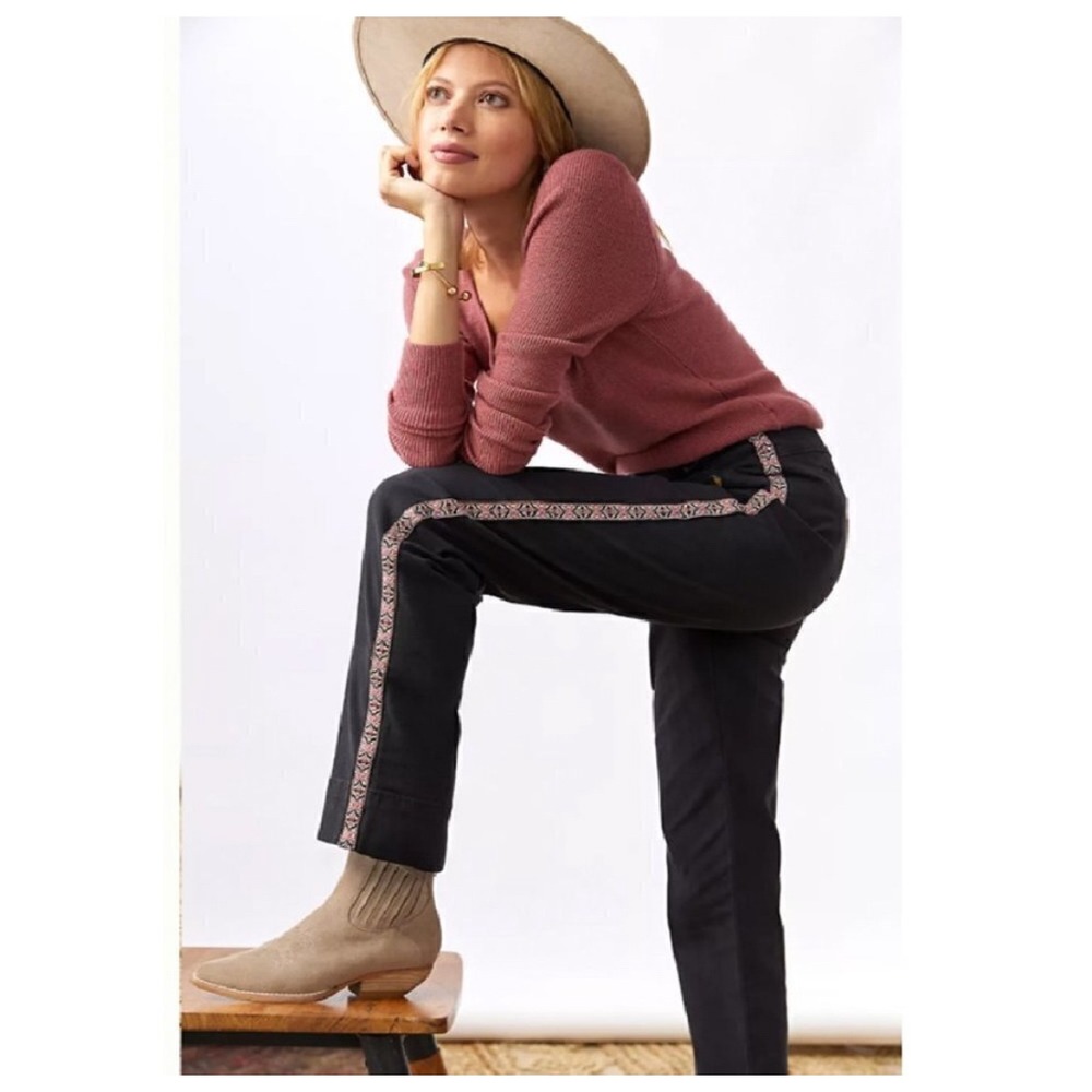 Anthropologie Black‎ Trousers Embroidered Stripe Waist Cropped Pants size 0
